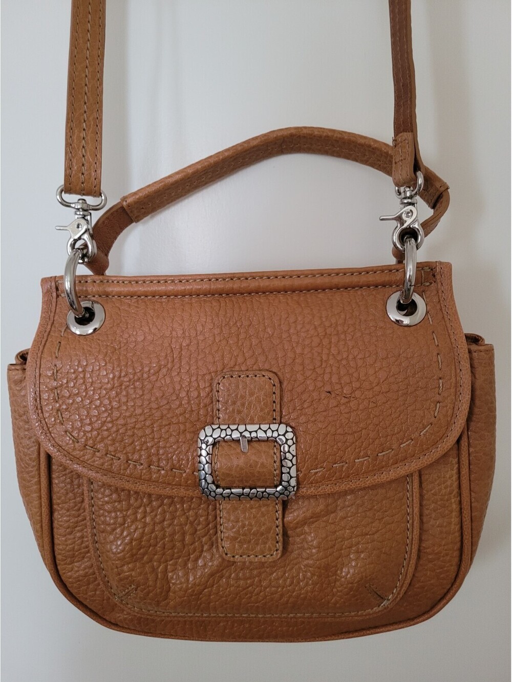 Brighton Pebble Leather Crossbody Satchel Bag Ginger Brown Silver Tone Hardware